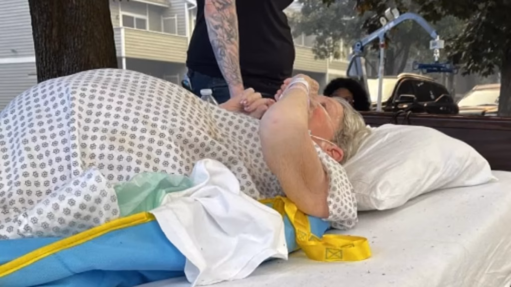 Lady, 73, seen ready patiently on mattress for evacuation from hospice throughout wildfire… moments future she was useless of deadly BOWEL harm generated by bumpy highway