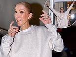 Celine Dion sings and dances outside hotel in oversized tracksuit
