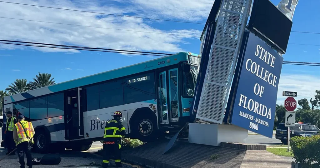 Seven injured as Breeze bus strikes Sarasota college sign