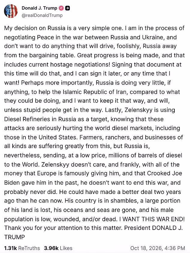 Trump says Ukraine-Russia deal forming, faults Zelensky over oil