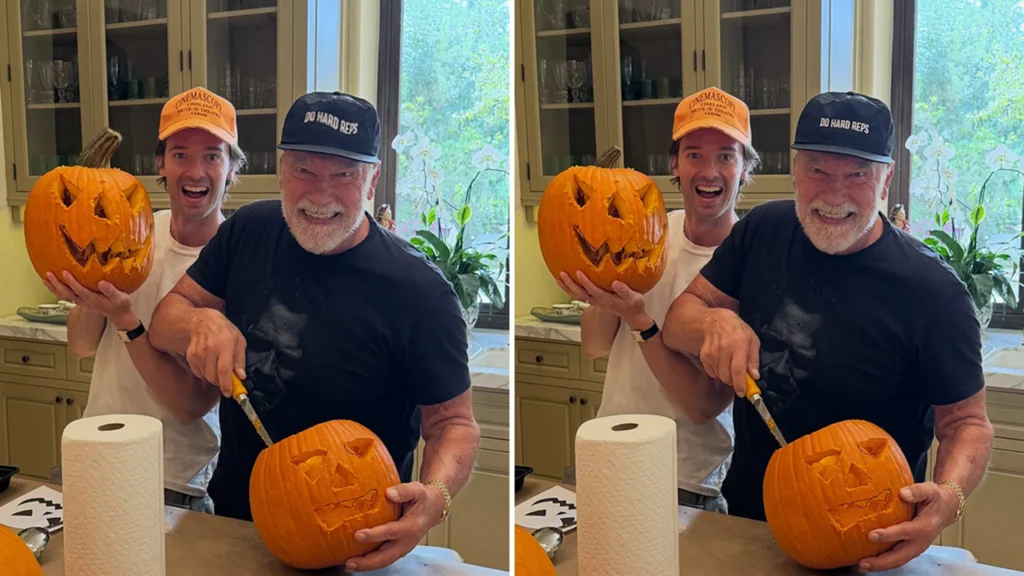 Arnold Schwarzenegger joins son Patrick for pumpkin carving