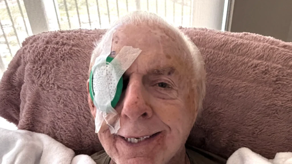 Ric Flair gives health update after fall, pictured in eye patch