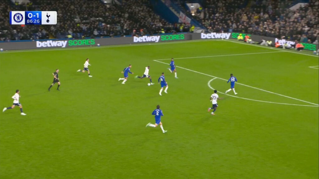 Mathys Tel scores after running from his own half against Chelsea