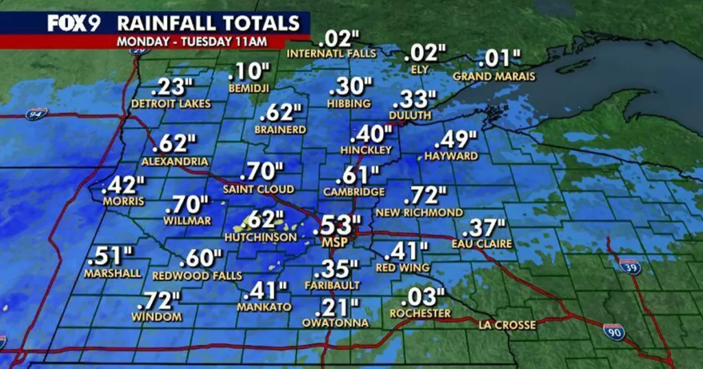 Minnesota rainfall totals after Monday and Tuesday showers