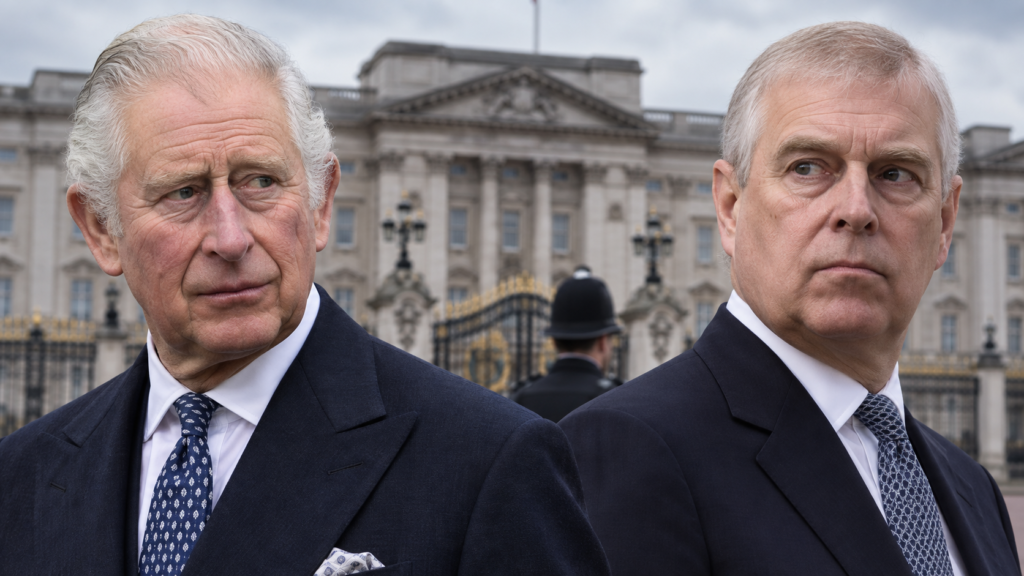 An AI-generated editorial illustration featuring King Charles III and Andrew, with Buckingham Palace and a British police officer in the background. Created with ChatGPT to accompany an article about the King’s financial support for Andrew and legal action against police.
